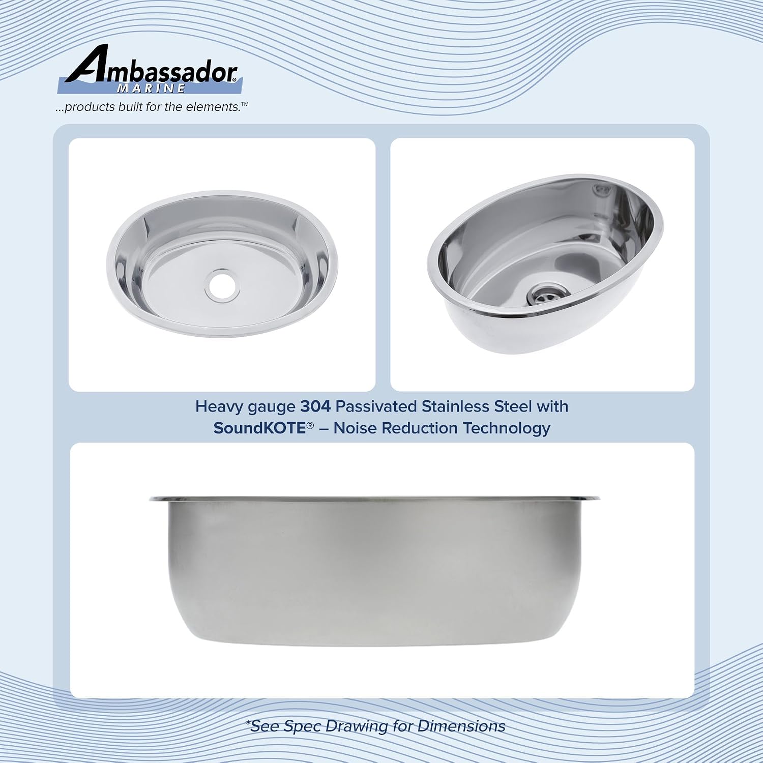 AMBASSADOR MARINE GRADE Oval 304 Stainless Steel Sink, Boat Sink/RV Sink, Galley/Kitchen Sink, Head/Bathroom Sink, for boat/RV/camper sink - Ultra-Mirror, 15-1/2" x 11" Dia. x 5" Deep (S64-1515-UM-W)