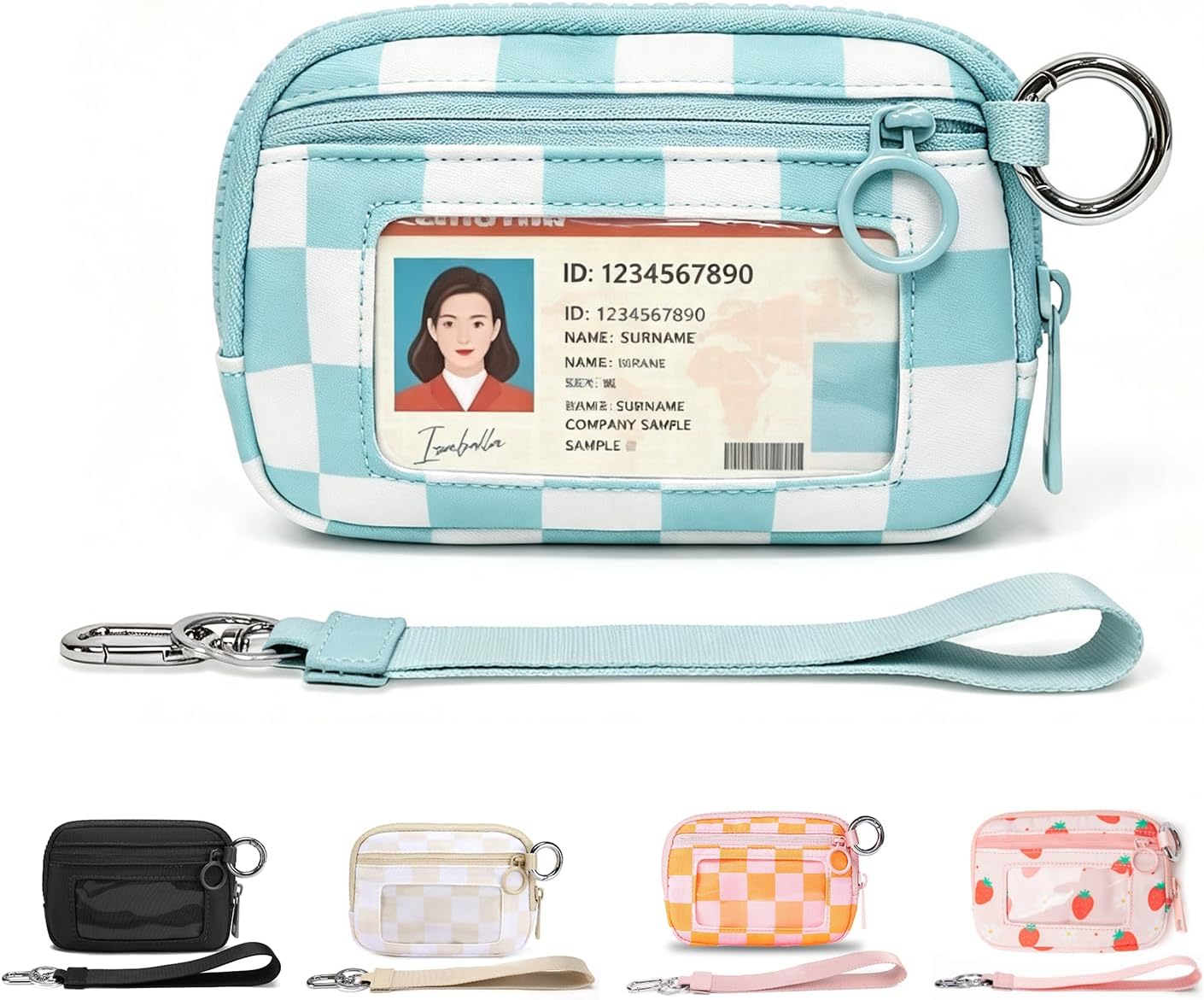 The Iris Wallet for Women,Mini Pouch Wristlet with Zipper Card Case ID Window, Waterproof Nylon Keychain Wallet (Blue Checkered)