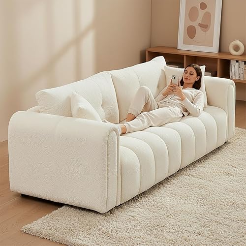 Miniatura 6 de Sofás de nube modernos de mediados de siglo de 91.5 pulgadas, cómodo sofá boucle con brazos enrollados y almohadas suaves, sofá biplaza tapizado de