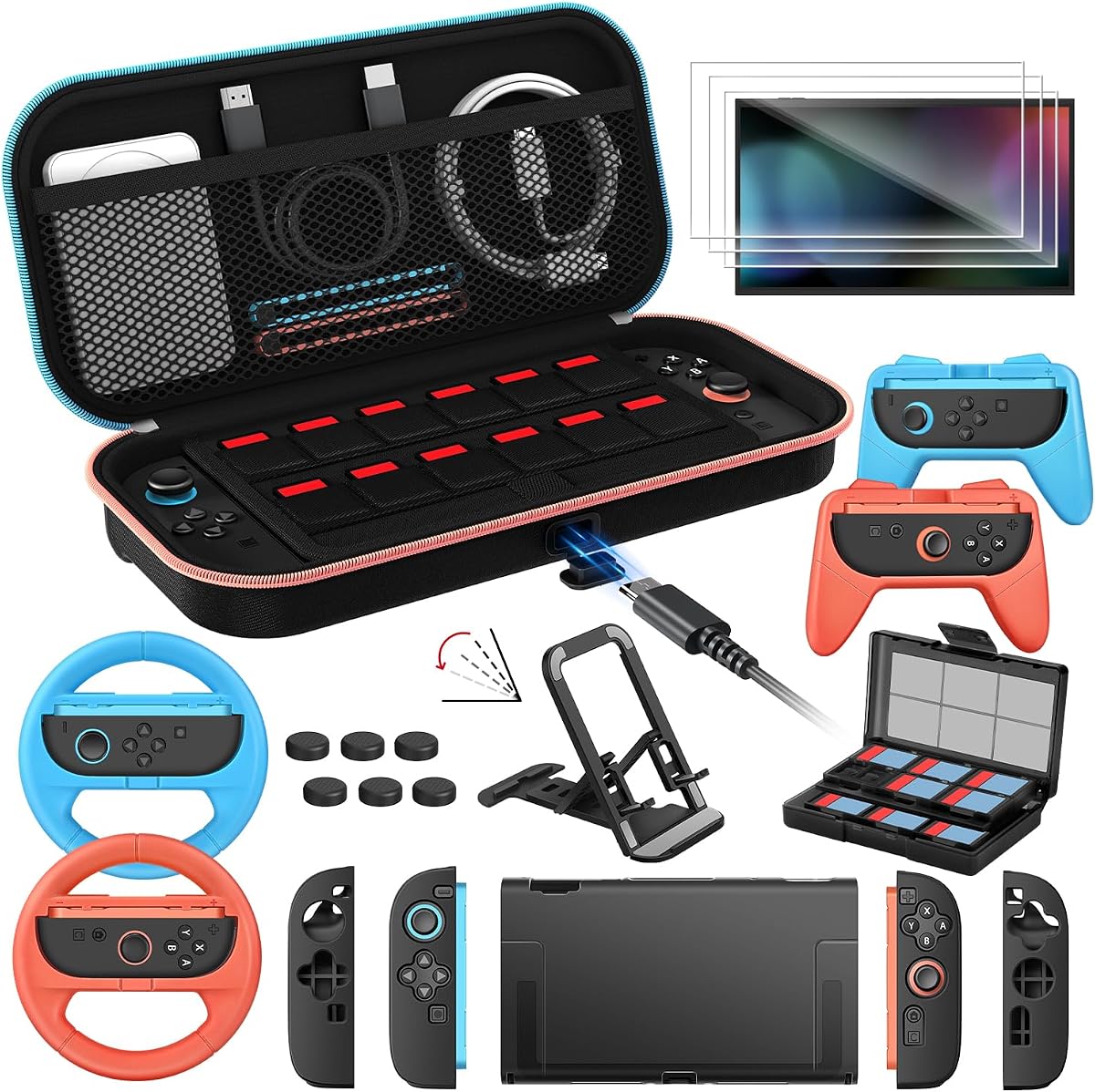 ivoler 21-en-1 Kits Accessoires pour Nintendo Switch 2, Pochette de Chargement, Coque de Protection, Protections Écran, Volants, Support de Jeu, Poignées Manettes Joy-Con et Étui pour Cartes de Jeu.