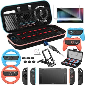 ivoler 21-en-1 Kits Accessoires pour Nintendo Switch 2, Pochette de Chargement, Coque de Protection, Protections Écran, Volants, Support de Jeu, Poignées Manettes Joy-Con et Étui pour Cartes de Jeu.