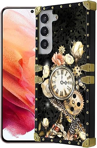 Funda cuadrada compatible con Samsung Galaxy S22+ Plus, reloj de flores de jardín, decoración dorada de lujo para Samsung para niñas, mujeres y