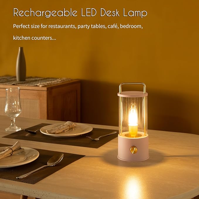 LUSHARBOR Cordless Table Lamp, Portable Lantern Rechargeable LED Battery Operated Lamp Stepless Dimming, Hanging Desk Bedside Small Table Lamp for Nightstand Camping Tabletop Bedroom Pink photo 2