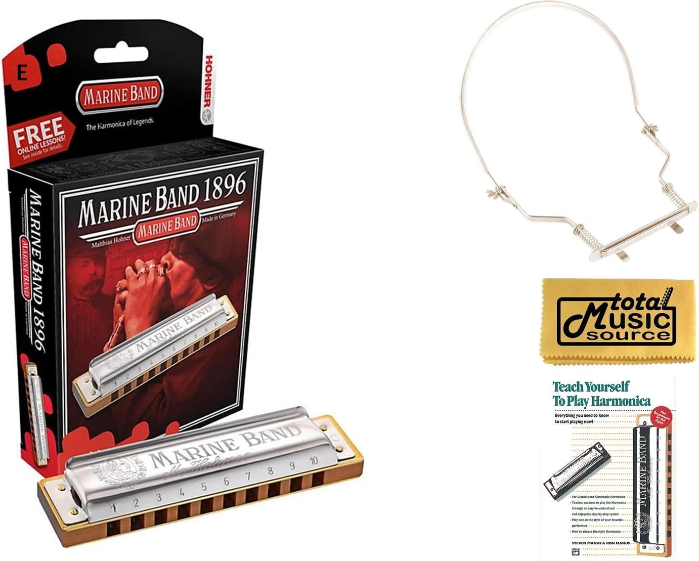 HOHNER Marine Band Harmonica, Key E, Made in Germany, Includes Case Book, & Harmonica Holder