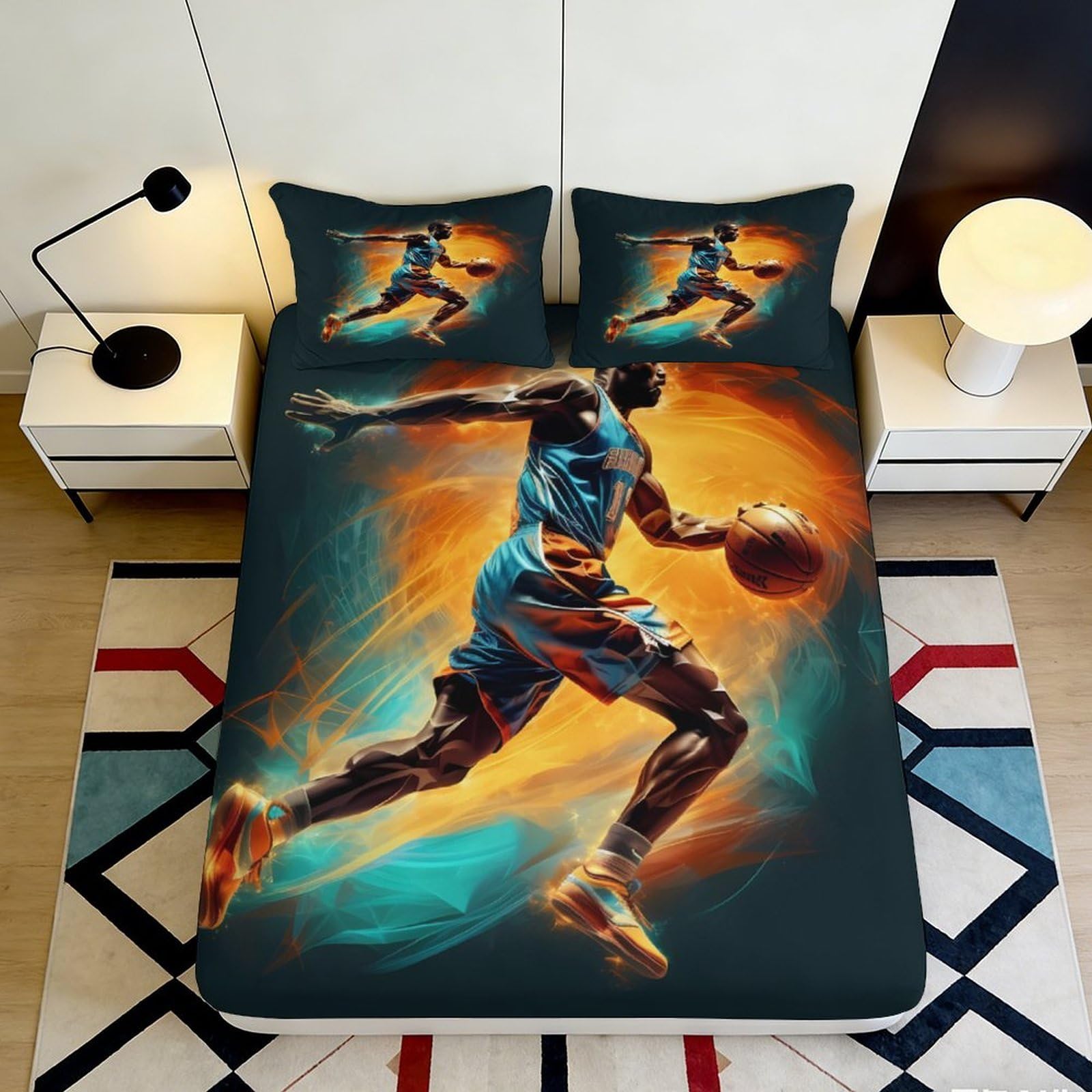 3D Printed Basketball Player Fitted Sheet Microfiber Non-Slip Mattress Cover for Bedroom Dorm Decor Easy Care 90x200x25cm
