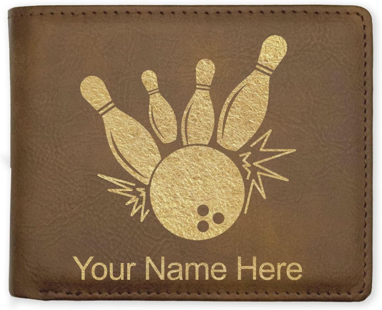 LaserGram Faux Leather Bi-Fold Wallet, Bowling Ball and Pins, Personalized Engraving Included (Rustic with Gold)
