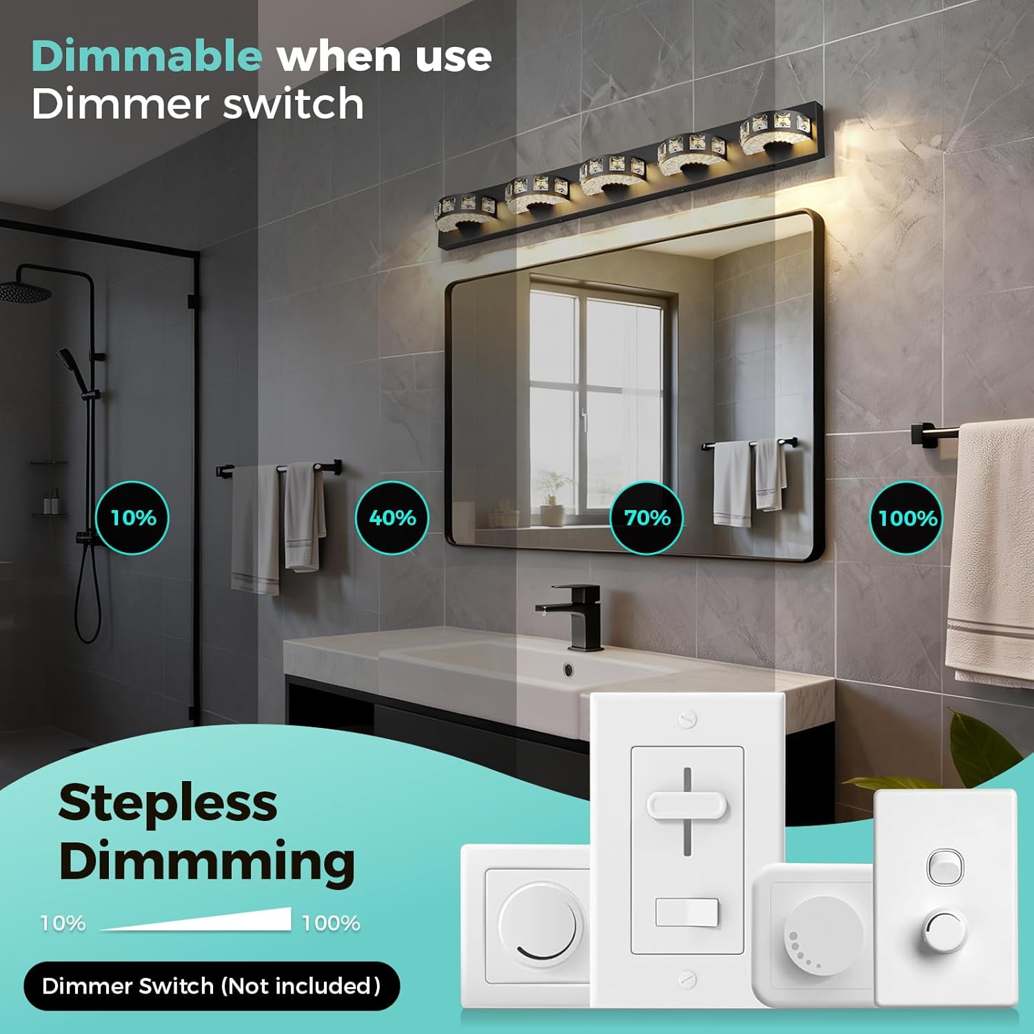 Modern Bathroom Vanity Lights 36.6 inch 5 Color Temperature Black Light Fixtures for Bathroom Above Mirror(5-Light,Dimmable)crystal Bathroom Light Fixtures for Mirror,Living Room,Kitchen,Hallway