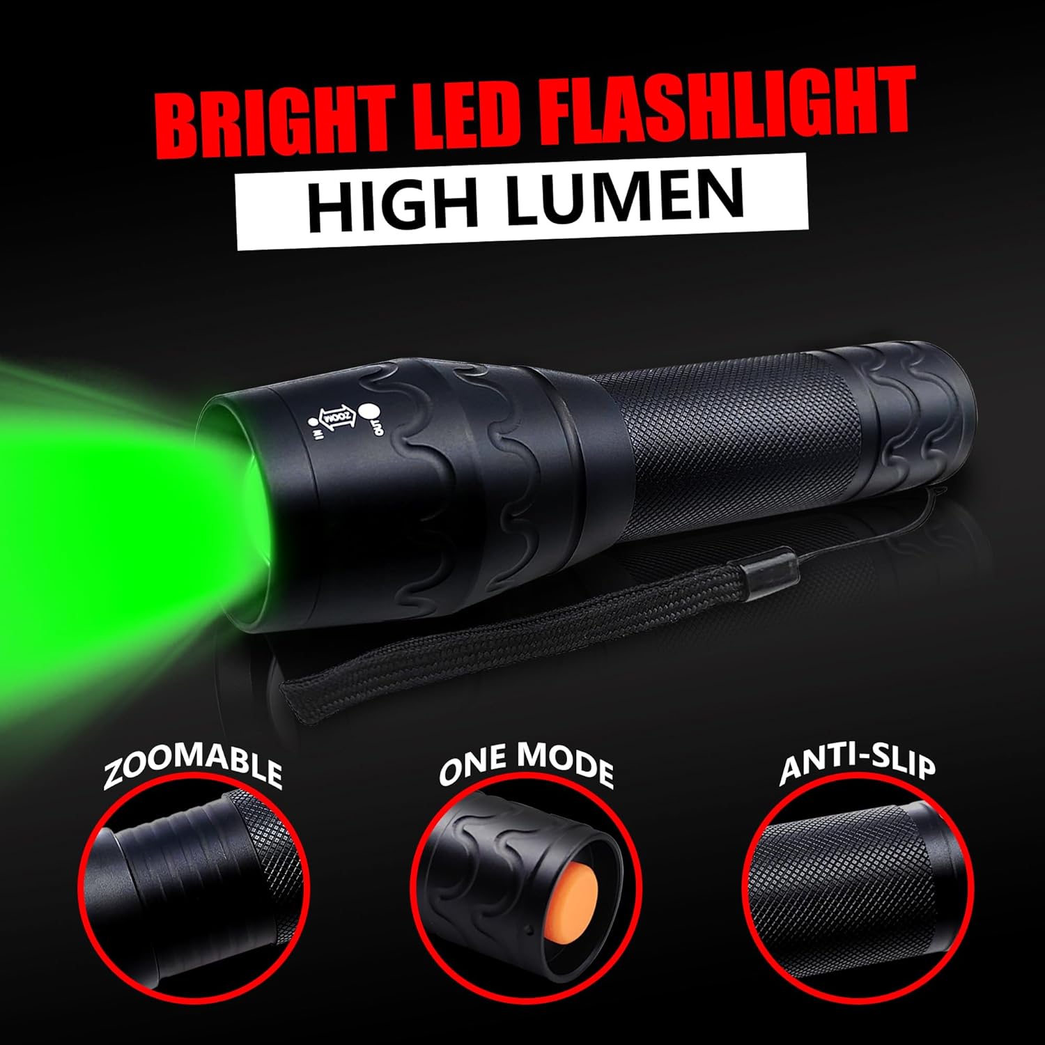 Green Light Flashlight Single Mode Adjustable Focus LED Torch for Night Hog Hunting, Fishing, Night Observation, 2 Pack