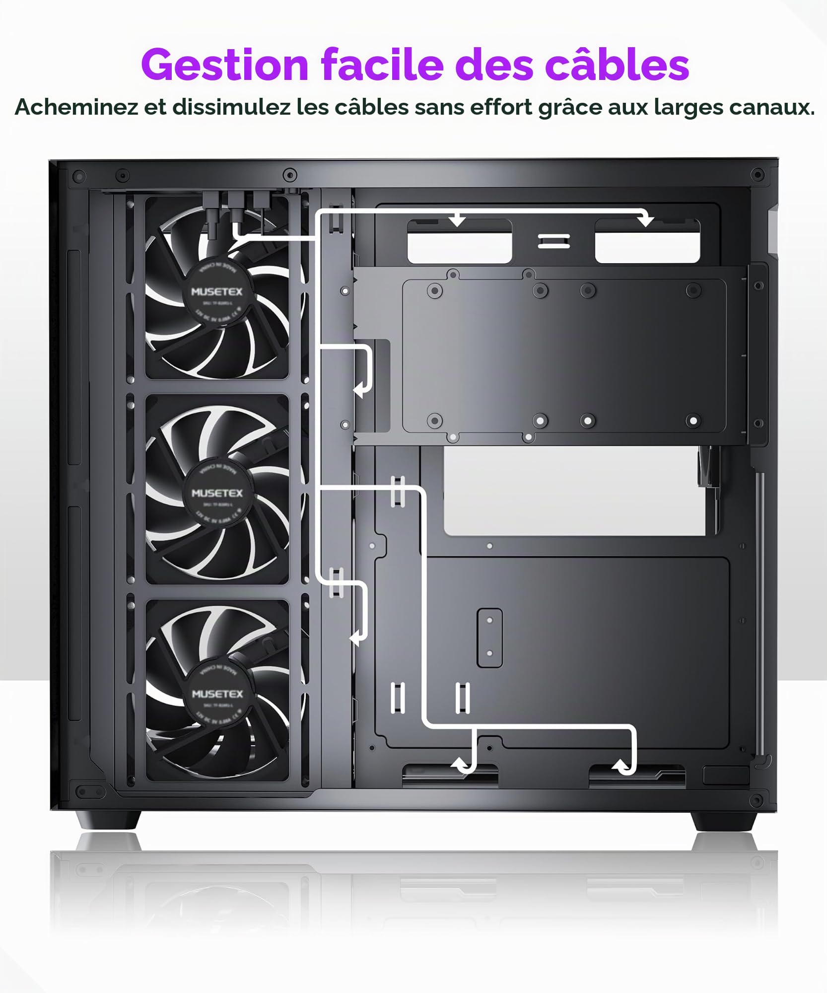 MUSETEX Y6 Boîtier PC, 7 Ventilateurs ARGB PWM Infinity Mirror préinstallés, Vue 270° en Verre Trempé, Connectique Type-C, Boîtier PC Gamer Mid-Tower ATX, Noir