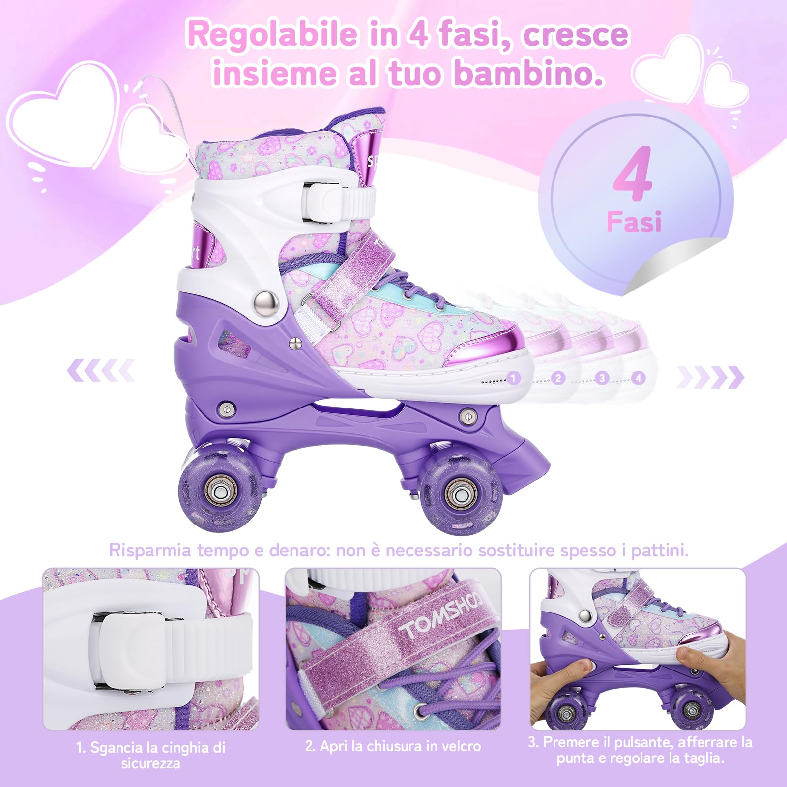 TOMSHOO Pattini a Rotelle Bambina, Pattini 4 Ruote Regolabili con Ruote Luminose LED, Roller Quad Principiante 3-12 Anni, Rollerblade Bambina per Interni ed Esterni, Regalo