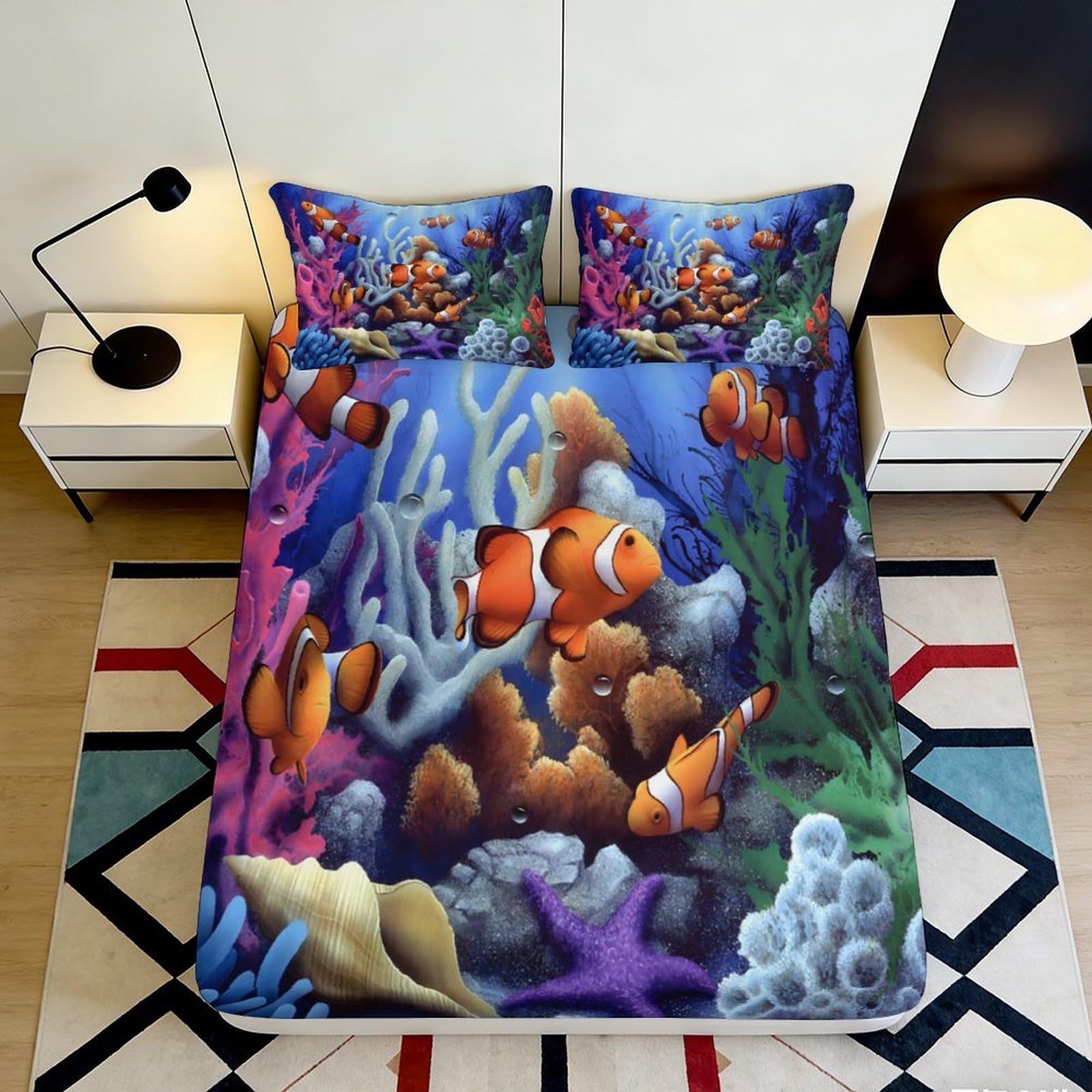3D Printed Clownfish Fitted Sheet Microfiber Soft Breathable Coral Reef Bed Cover for Bedroom Dormitory Guest Room Mattress Protection Decor 140x200x25cm