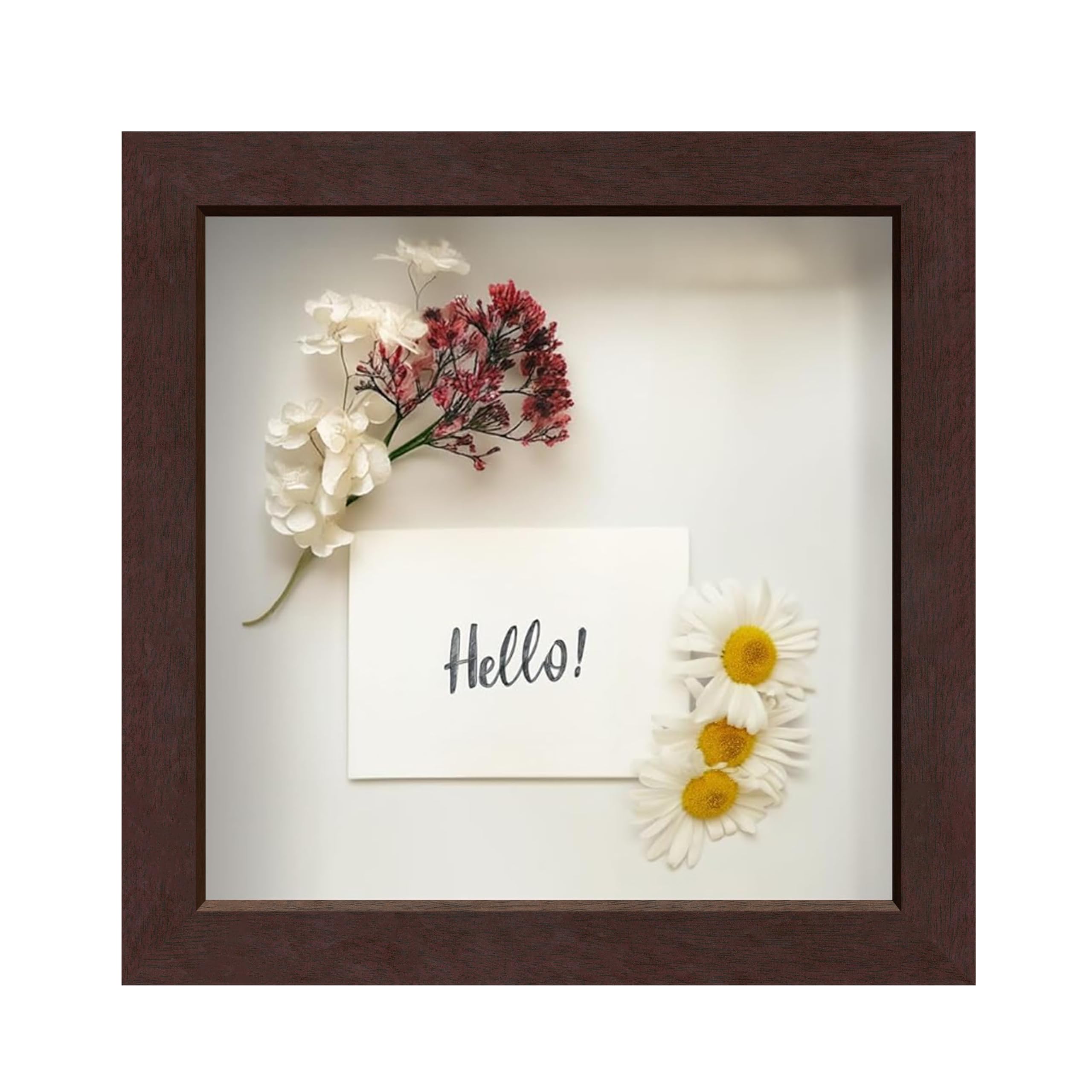 FrameWorks Mahogany Wooden Shadow Box Frame - 8' x 8' Display Case with Soft Felt Back, Tempered Glass, Elegant White Ball Push Pins