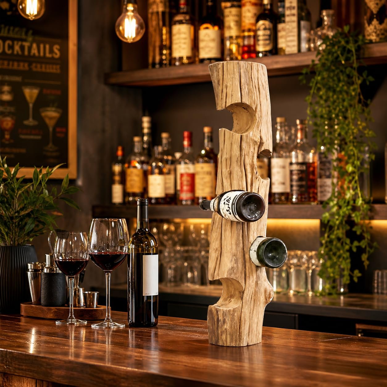 KENYON luxuriöses Weinregal aus Premium-Qualität Teakholz | Handgefertigtes Treibholz-Weinregal für 5 Flaschen – Exklusiv Weinflaschenhalter Holz als dekorativer Weinständer (75×14×14 cm)