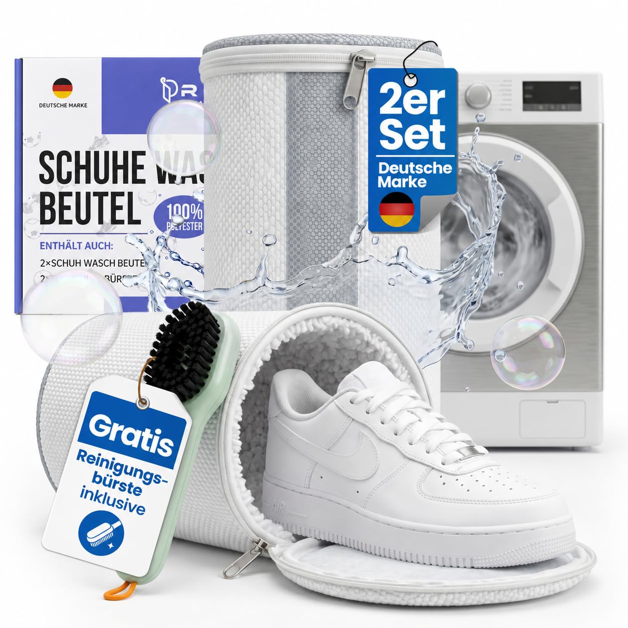 Schuhwaschbeutel für die Waschmaschine bis Größe 50 mit schonender, wasserdurchlässiger Reinigung – 2x wiederverwendbare Waschbeutel für Schuhe mit Reinigungsbürste, schützt Schuhe & Waschmaschine