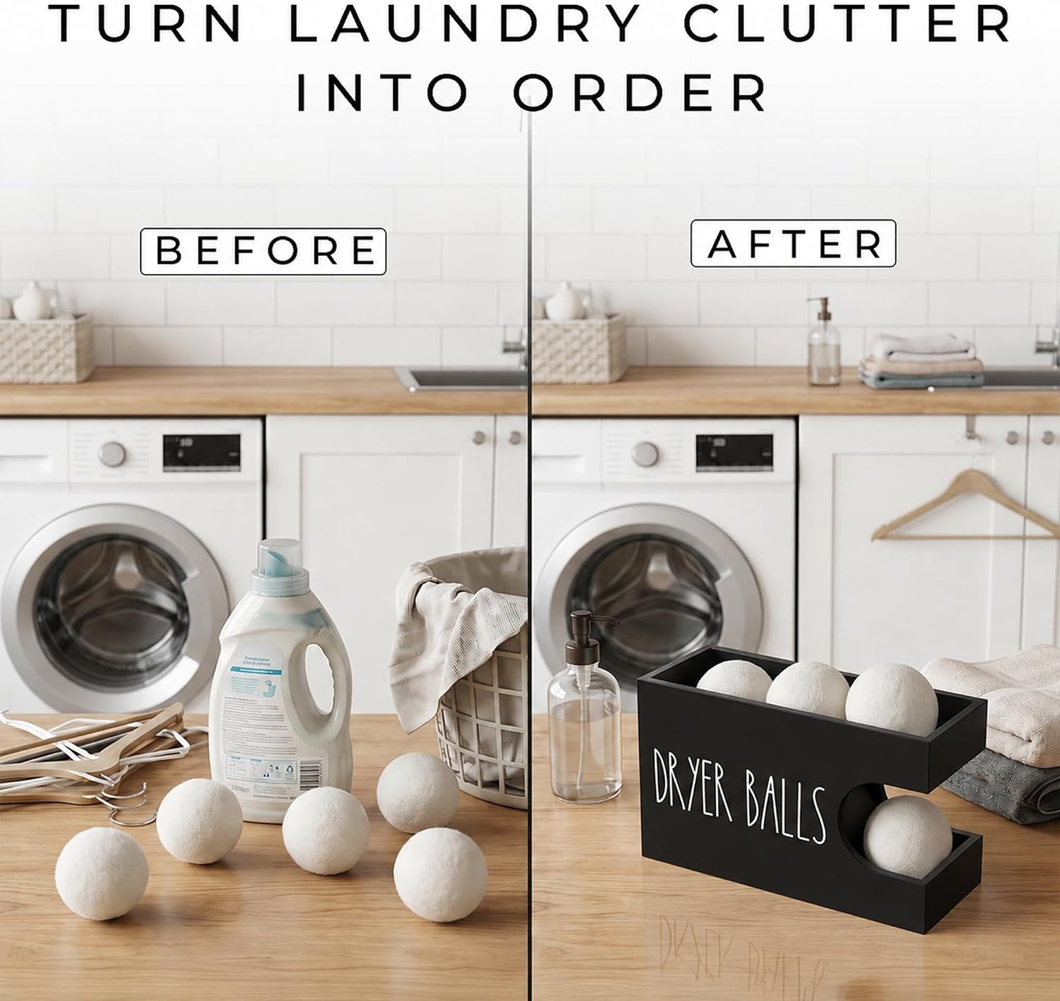 Dryer Ball Holder for Laundry Room, Dryer Balls Container Wall Mount, Wood Dryer Balls Storage Organizer, Wool Dryer Ball Dispenser Basket (Black)