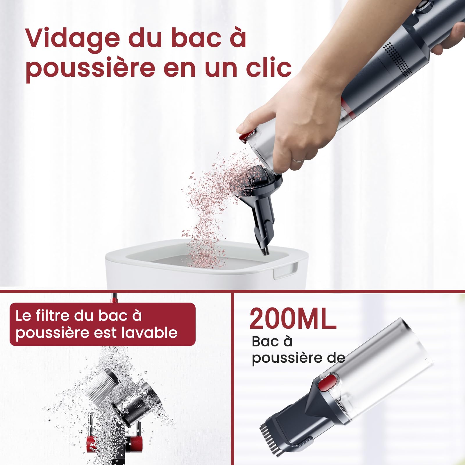 Aspirateur à Main 17000Pa LED sans Fil Autonomie de 30 Minutes Sac Aspirateur léger sans Fil pour Voiture, Maison, Camping-Car, Poils d'animaux avec Support de Charge, Charge de Type C