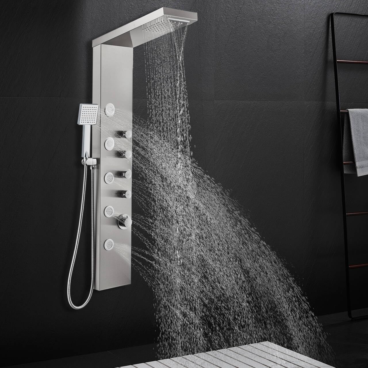 ROVATE Rainfall Waterfall Shower Tower Panel System, 304 Stainless Steel Bathroom Shower Panel Tower with 5 Body Sprays and Flexible Handheld Shower, Shower Column Wall Mount, Delicate Brushed Finish