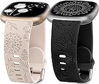 Vista 11 de Minyee Paquete de 2 correas grabadas florales compatibles con Fitbit Versa 4/Versa 3/Sense 2/Sense Band para mujer, lindo diseño de girasol