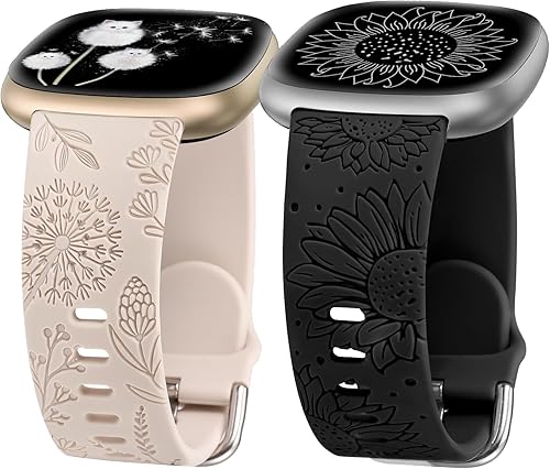 Minyee Paquete de 2 correas grabadas florales compatibles con Fitbit Versa 4Versa 3Sense 2Sense Band para mujer, lindo diseño de girasol de diente