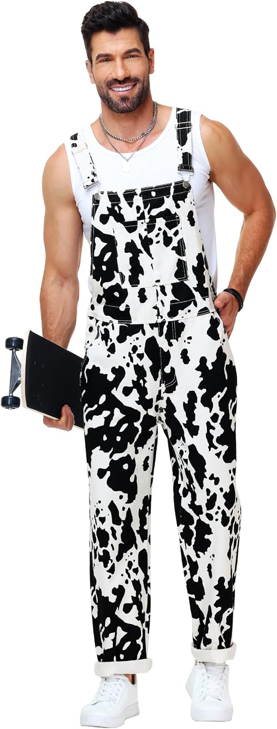 AOBUTE Mens Denim Bibs Overalls Pants Animal Cow Print Work Casual Jumpsuit