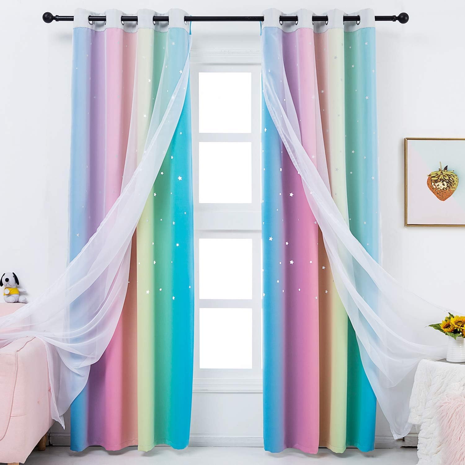 Sivio Star Curtains Bedroom 2 Panels 2 in 1 Double Layer Blackout Curtains Grommets Star Cutout Ombre Rainbow Curtains Sheer Living Room 52 x 63 inch, Blue Pink Yellow 132x160cm