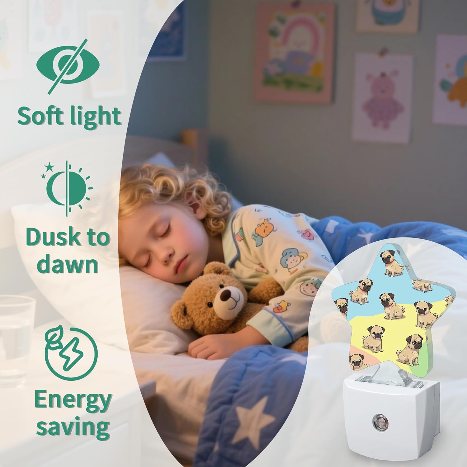 Cute Pug Puppy Dog Night Light,Plug-in Night Lights with Dusk-to-Dawn Sensor for Stairway/Hallway/Kitchen Sleep Friendly lamp for Women/Girls/Boys Gift,0.5W