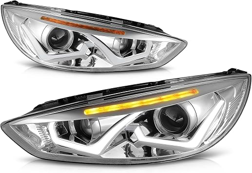 Auto Dynasty LED DRL Headlights Assembly Compatible with 2015-2018 Ford Focus, Driver Passenger Side Dual DRL Halogen Headlamps Replacement w/Projector Low Beam, Chrome Housing Amber Corner