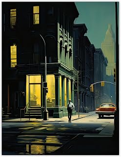 Artery8 New York at Dawn Edward Hopper Style Oil Painting Yellow Green Blue Man Walking in Empty City Street Unframed Wall Art Print Poster Home Decor Premium