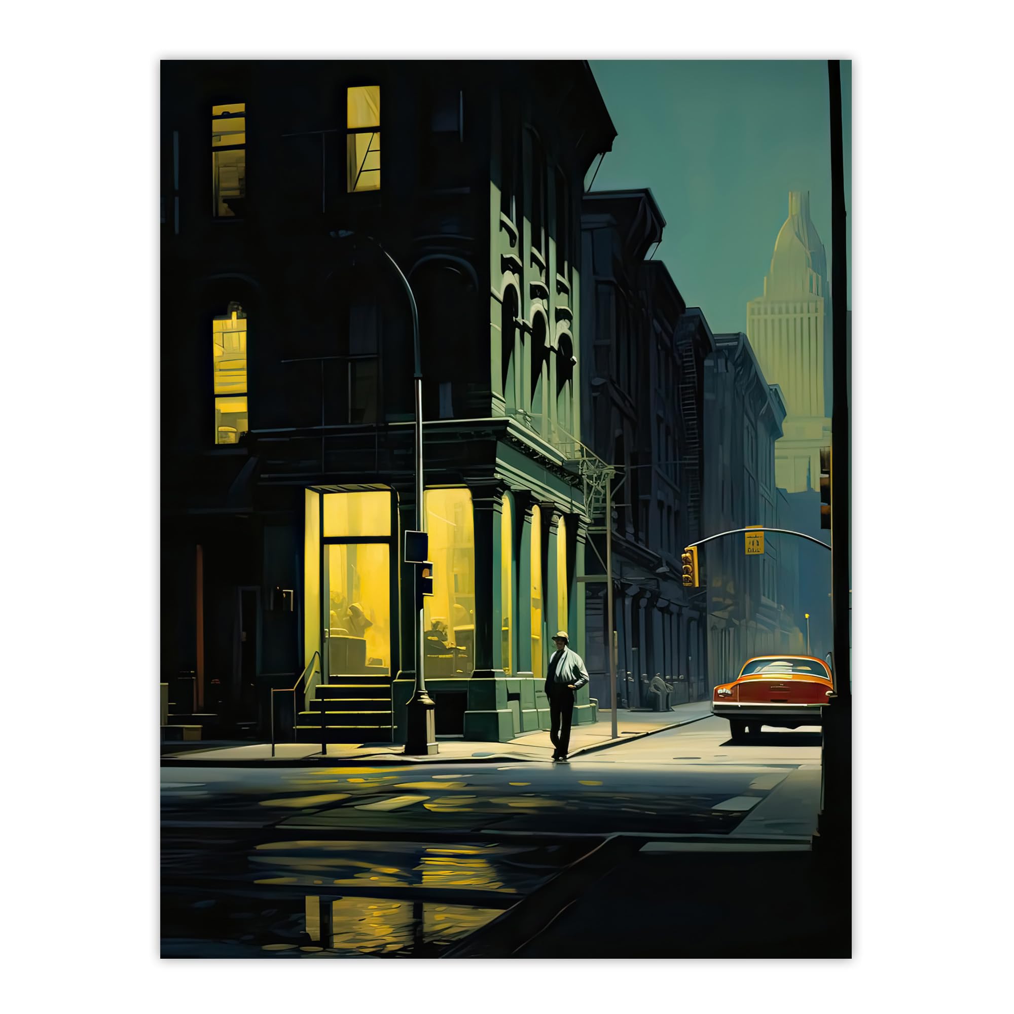Artery8 New York at Dawn Edward Hopper Style Oil Painting Yellow Green Blue Man Walking in Empty City Street Large Wall Art Poster Print Thick Paper 18X24 Inch