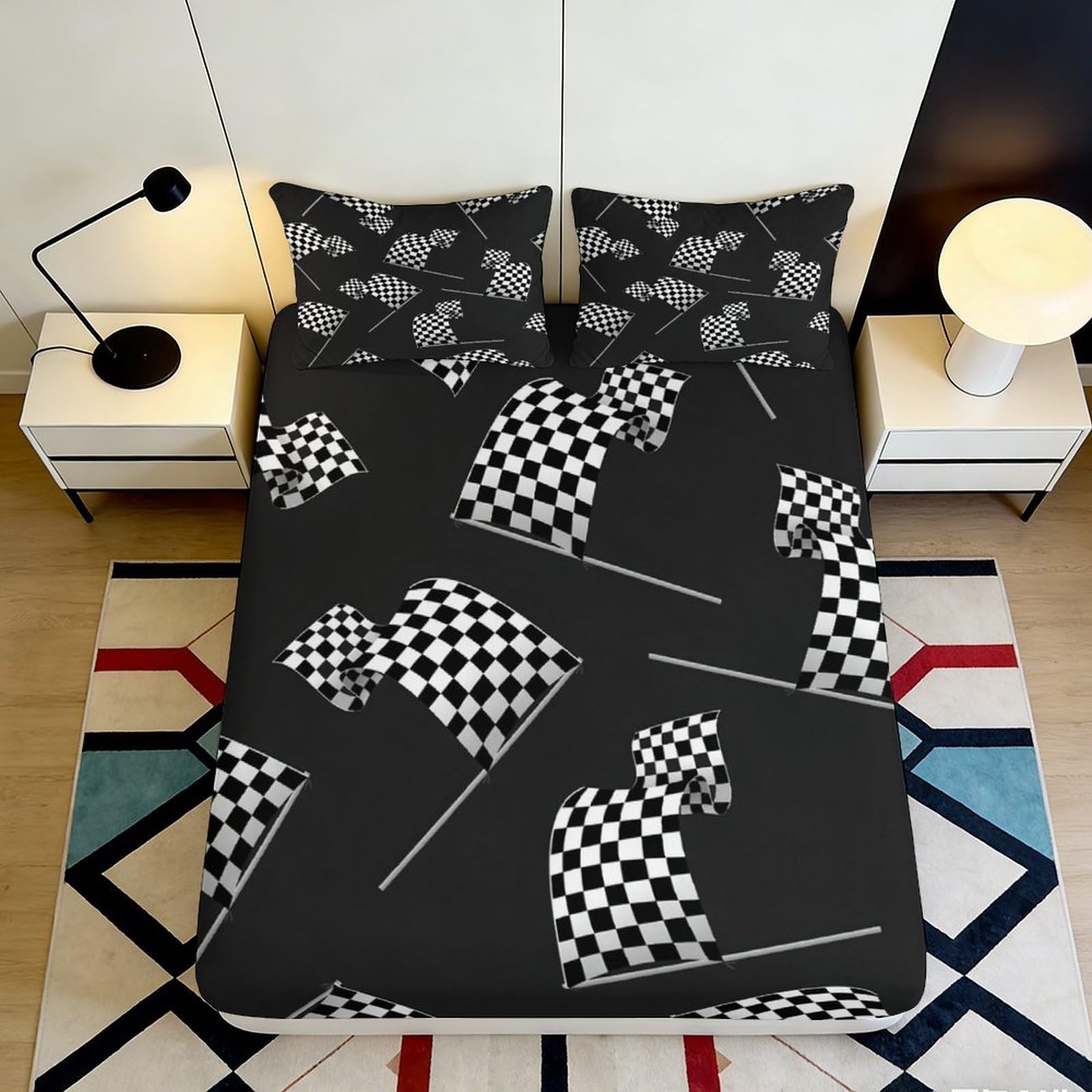 3D Printed Checkered Flag Fitted Sheet Microfiber Soft Breathable Racing Pattern Bed Cover for Bedroom Dormitory Guest Room Mattress Protection 140x200x25cm
