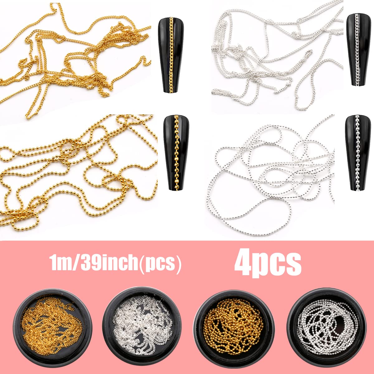 Nail Chain Art Set - 4 Gold & Silver Metal Chains, 3D Nail Charms & Punk Studs for Manicure Design DIY Crafts - Image 2