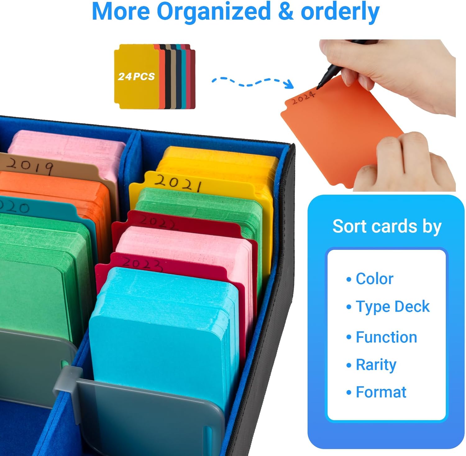 Collectible Trading Card Case - 4 Rows with 24 Card Dividers & 4 Card Supporters, PU Leather Case for MTG, Game & Sport Cards (Black & Blue)