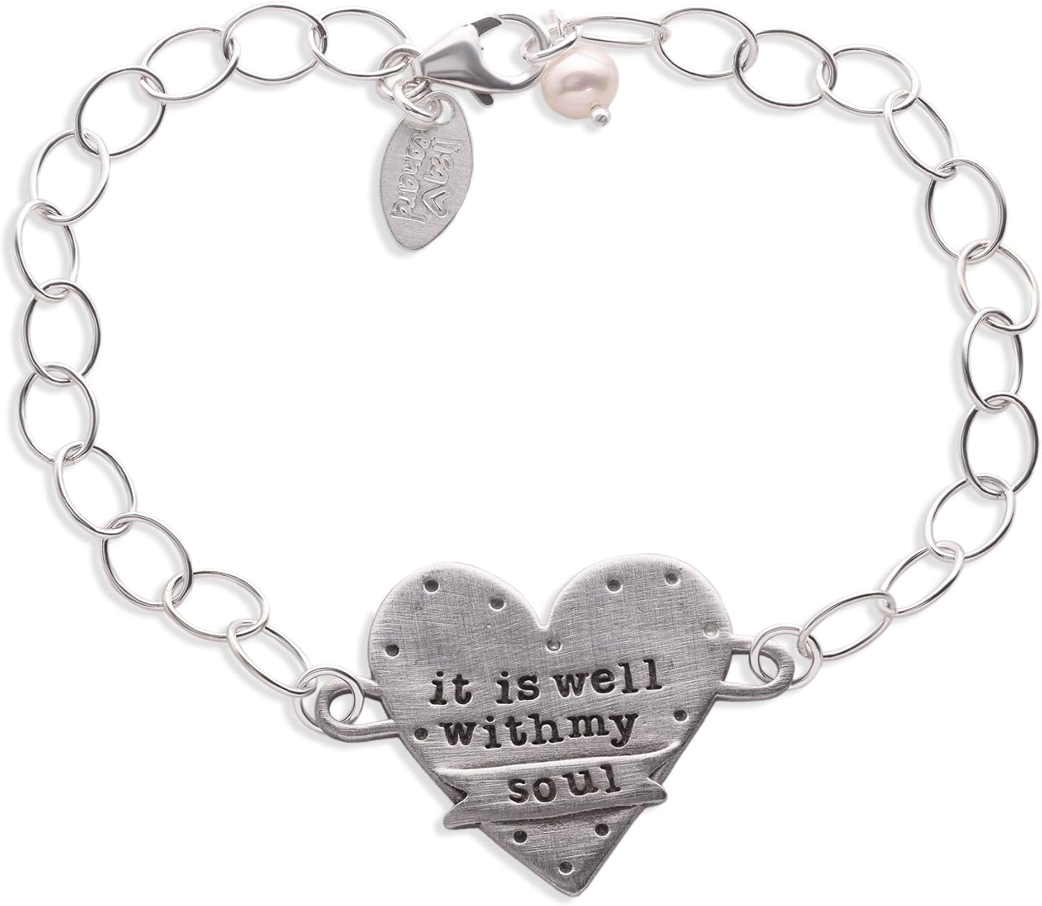 LISA LEONARD DESIGNS Pewter Engraved It Is Well with My Soul Heart Pendant Bracelet Freshwater Pearl Charm Encouragement Pendant