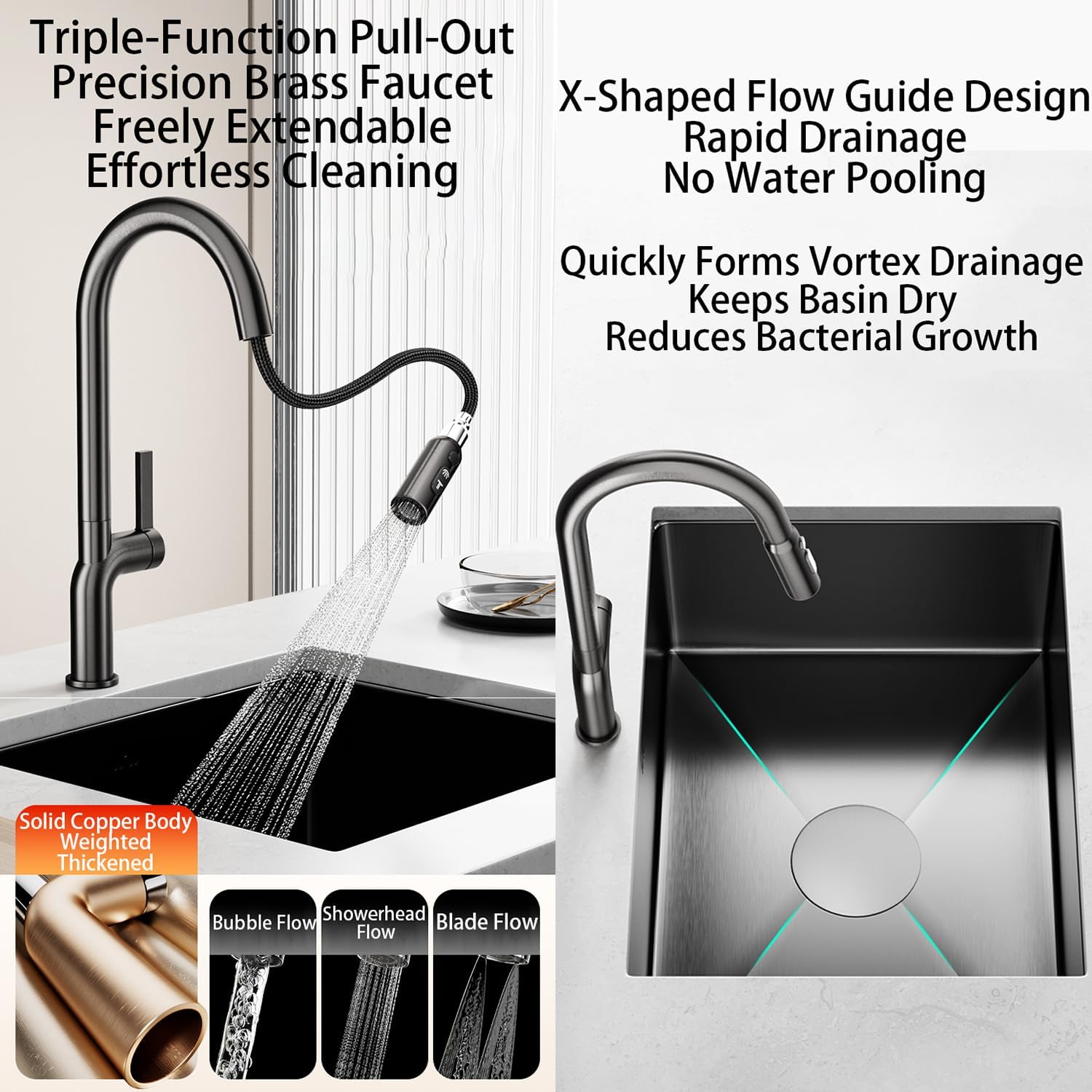 9-21 Inch Mini Square Kitchen Sink SUS304 Stainless Steel Bar Prep Sinks Handmade Wet Bar Prep Kitchen Sink with Pull-Out Faucet for Outdoor RV And Prep Use,Black,25 * 35cm