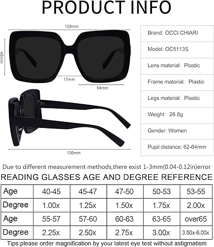 Miniatura 6 de OCCI CHIARI Gafas de sol de lectura 1.75 lectores de lentes de sol para mujer, marco grande, protección UV, para exteriores, 1.0, 1.25, 1.5, 1.75,