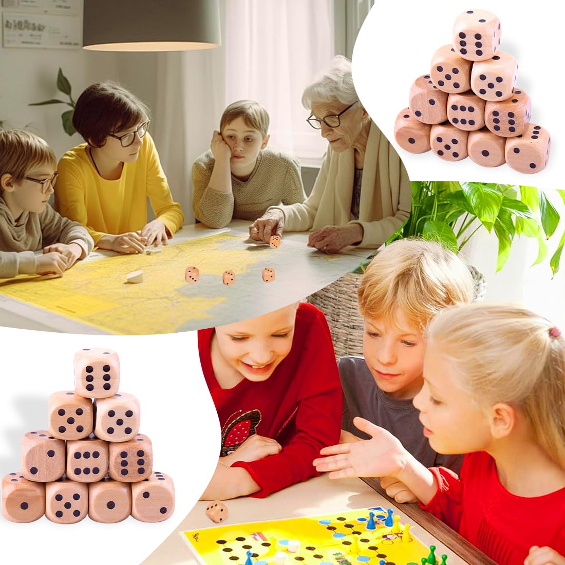 30 Pezzi Dadi in Legno Naturale, 6 Lati, Accessori per Giochi da Tavolo e di Carte