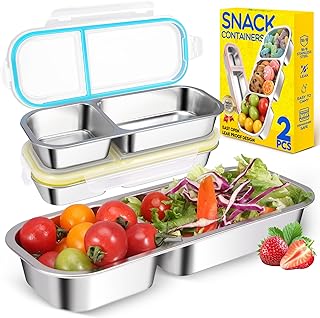 2Pack Stainless Steel Snack Containers for Kids Adults, Reusable 2 Compartment Snackle Box Container with Leakproof Lids Metal Bento Lunch Boxs Food Storage Containers for Travel Picnics Office School