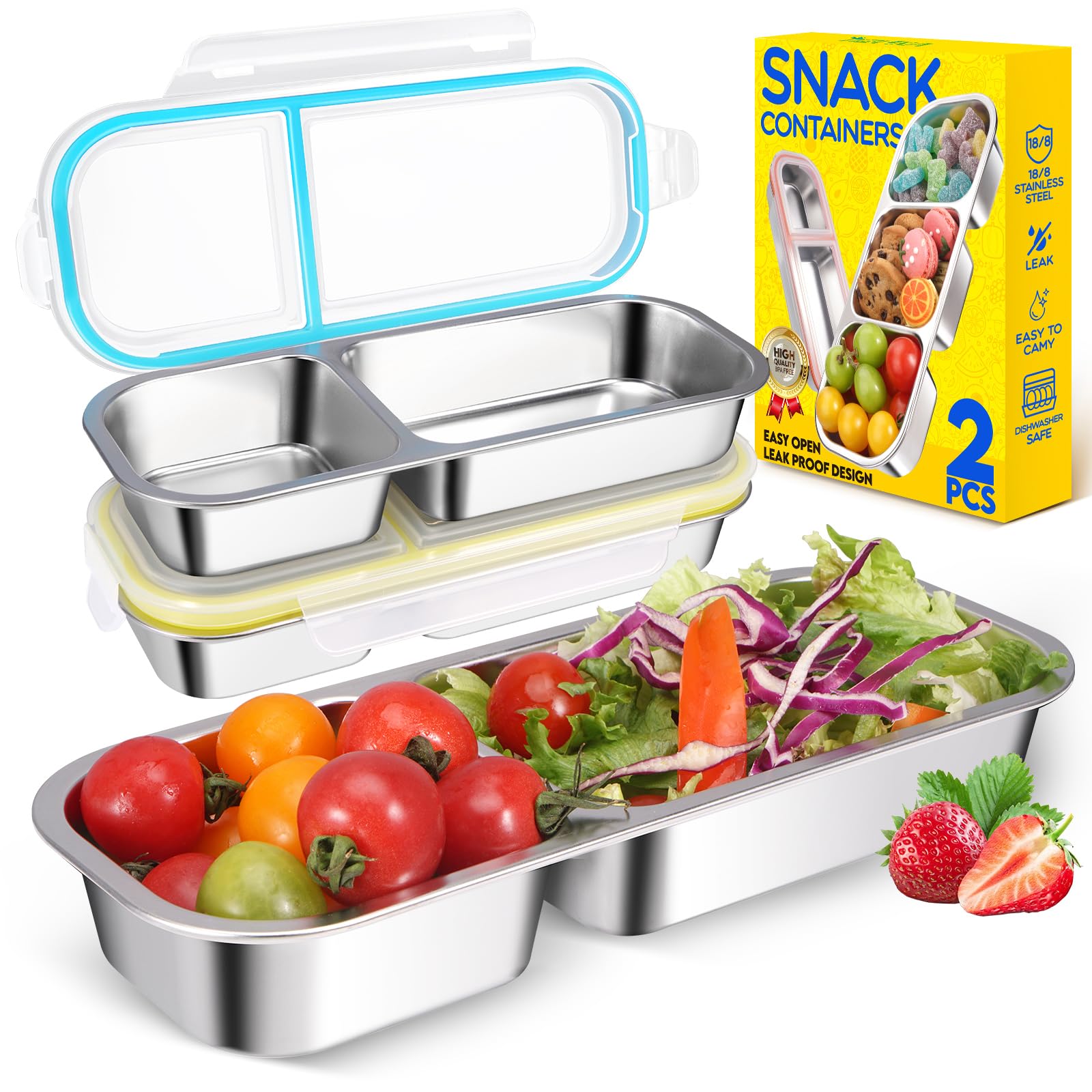 View 1 of 2 Pack Stainless Steel Snack Containers, 2-Compartment Bento Boxes for Kids