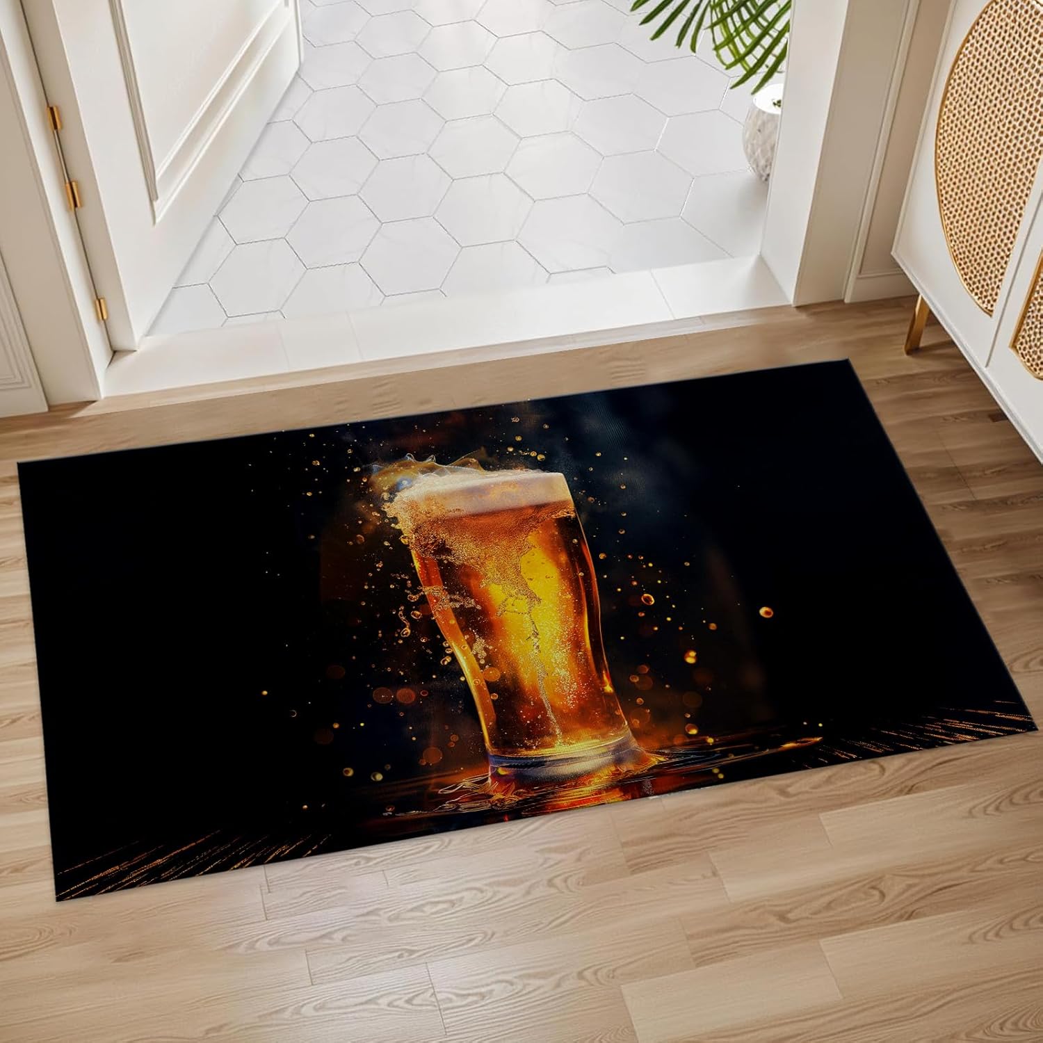 Golden Beer Splash Indoor Door Mat, 17x29.5 Inch, Floor Area Rug for Entryway, Living Room, or Bathroom, Non-Slip Doormat, Beer Bubble Design Home Decor Rug Gifts