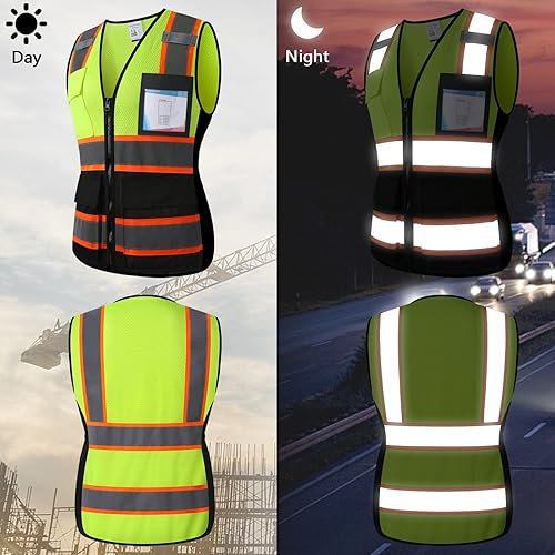 Miniatura 10 de Kazsaifo Chaleco de seguridad para mujer con 8 bolsillos y cremallera frontal de alta visibilidad, chaleco de malla reflectante de alta visibilidad,