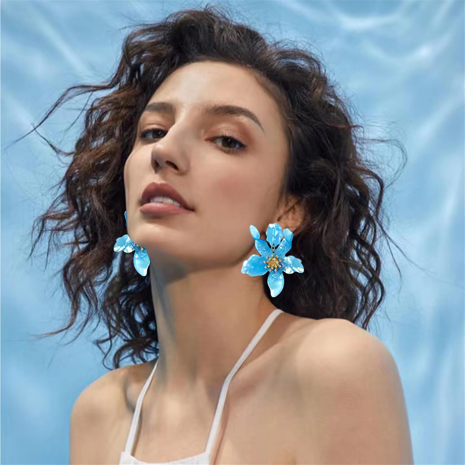Unique Bohemian Oversized Acrylic Resin Flower Dangle Drop Earrings Summer Retro Large Sparkly Hawaii Crystal Flower Lei Stud Earrings for Women Statement Wedding Jewelry Gifts