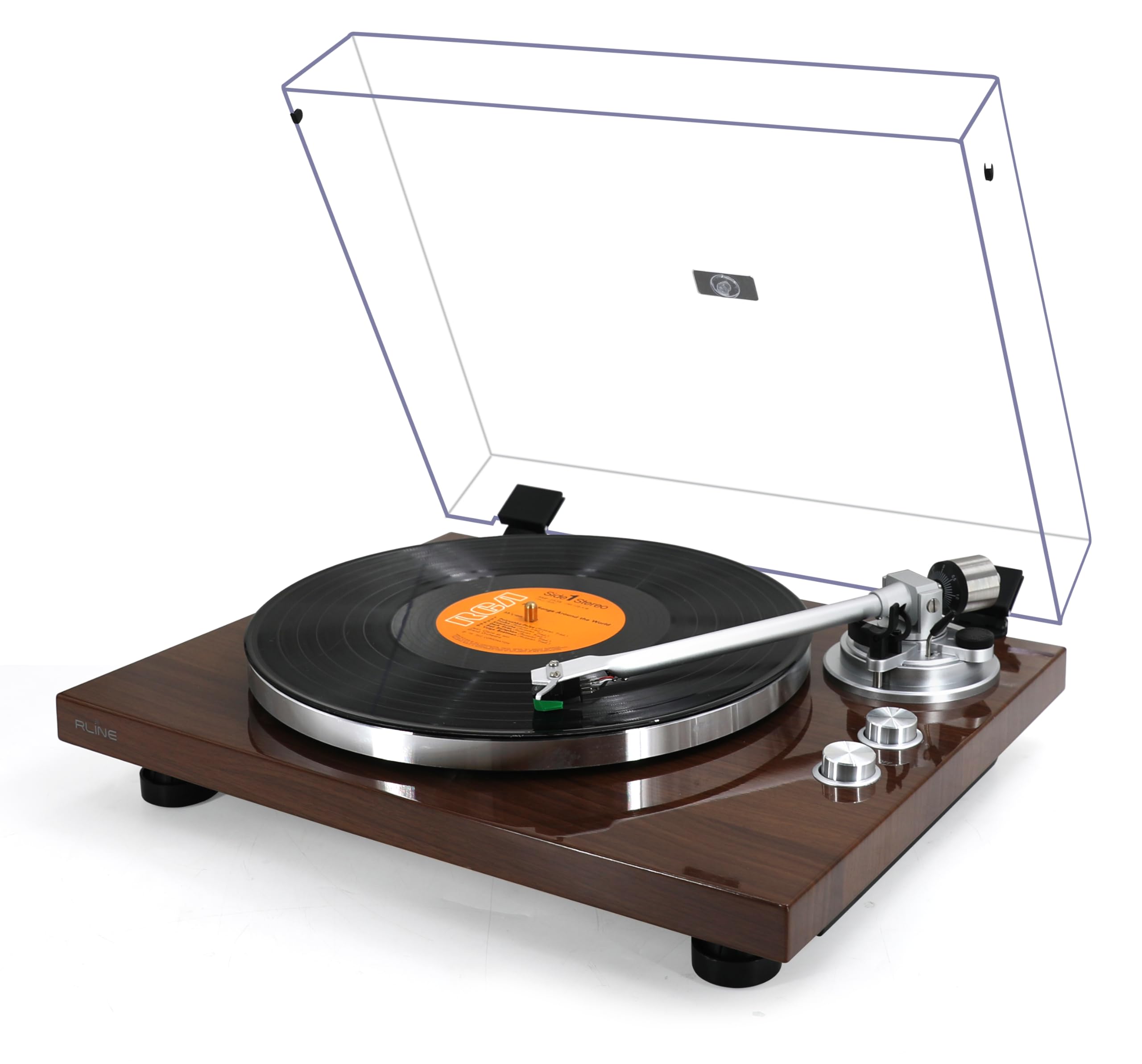 RLINE - Giradischi Vinili Bluetooth Noce Lucido, Lettore Vinili 33 e 45 Giri, Piatto 12" in Alluminio Pressofuso, Cartuccia Magnetica VM-95E, Pre-amplificatore Attivabile, Funzione Anti-Skating