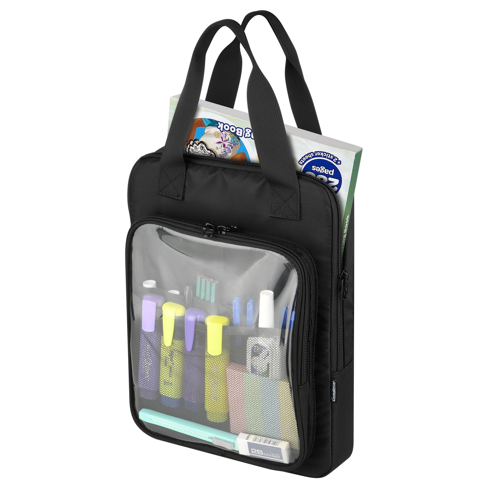 Homakover Portable Coloring Book Protective Organizer Bag with Transparent PVC Window, Coloring Book Storage Bag with Handle Strap (Black, 12.6" X 9")