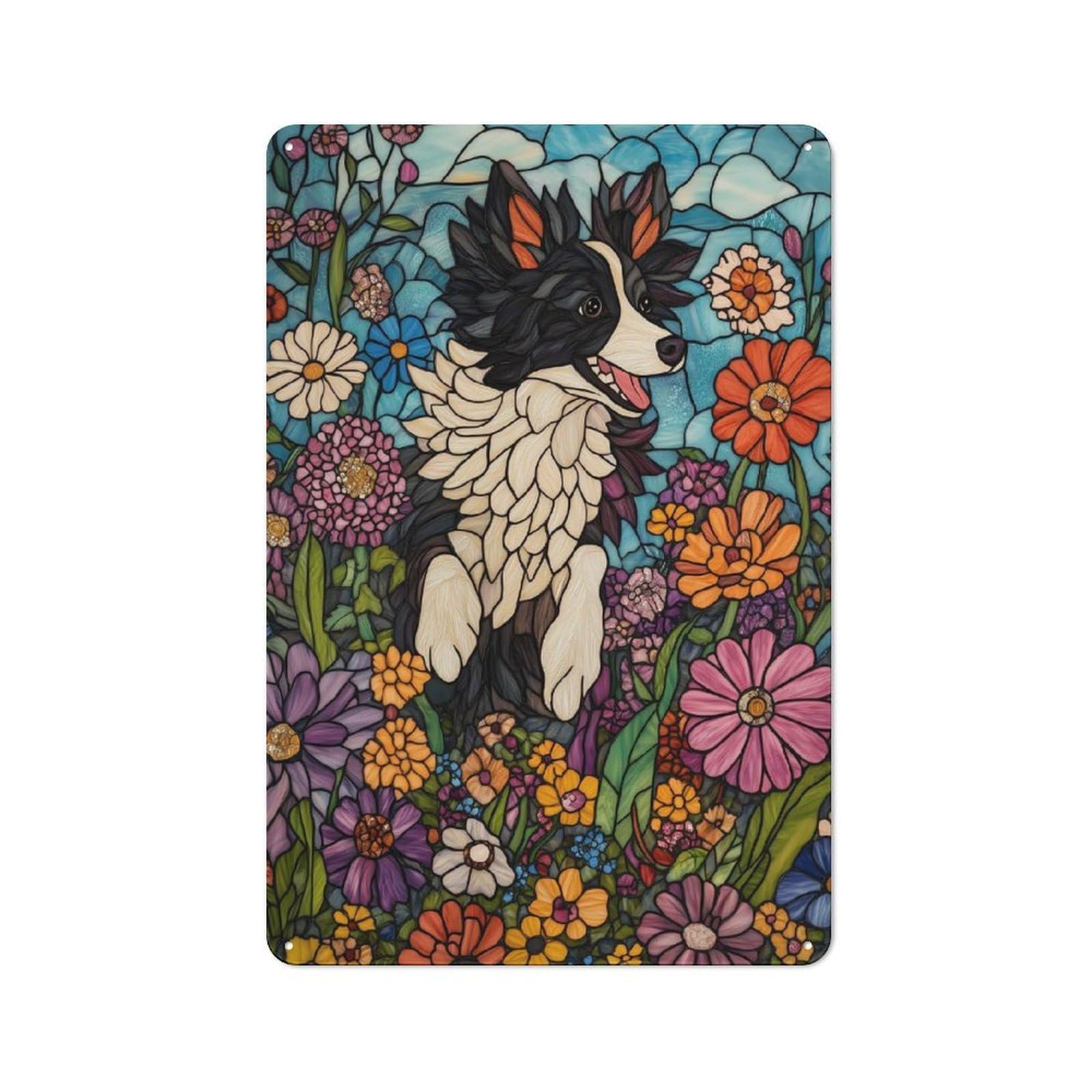Junmoney Style-7 Stained Glass Dog In Flowers Rustic Metal Plaque 30X20cm For Living Room Or Hallway, For Garage, Workshop And Man Cave Decoration