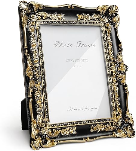 Miniatura 44 de Cuspin Marco de fotos de 5 x 7 pulgadas, marcos negros y dorados, marco de fotos de resina con textura ornamentada vintage hecha a mano con parte