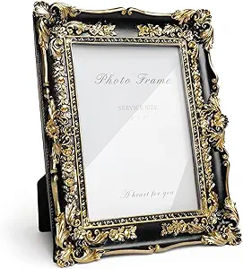 Vintage Black and Gold Picture Frame 5x7, Ornate Baroque Resin Handcrafted Picture Frames with Glass Front, Antique Textured Design Decorative Frame for Tabletop & Wall Display