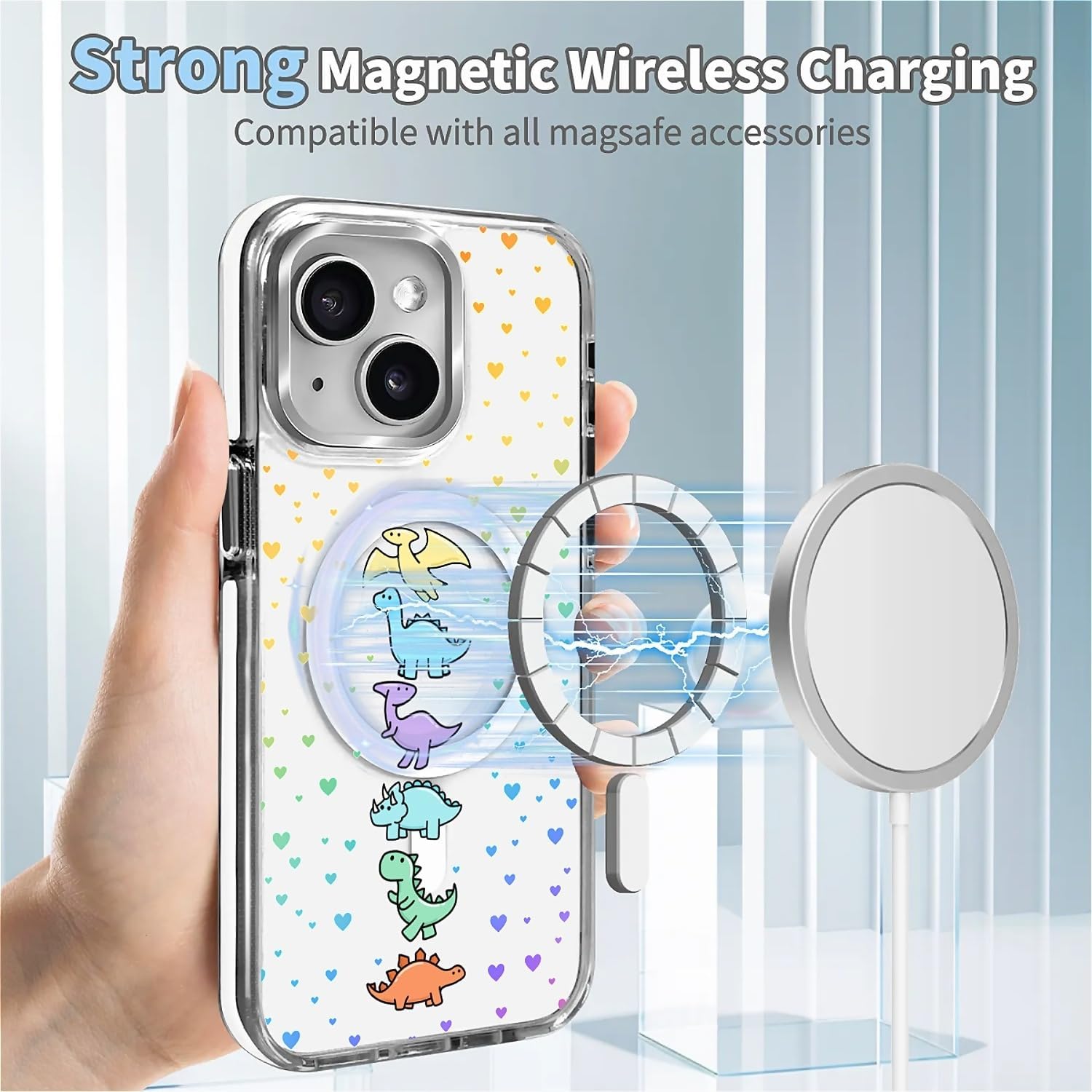 for iPhone 15 Case [Compatible with Magsafe],Girls Women Clear Magnetic Case Silicone Shockproof Protective Cover with Pattern Color Dinosaur - Image 3