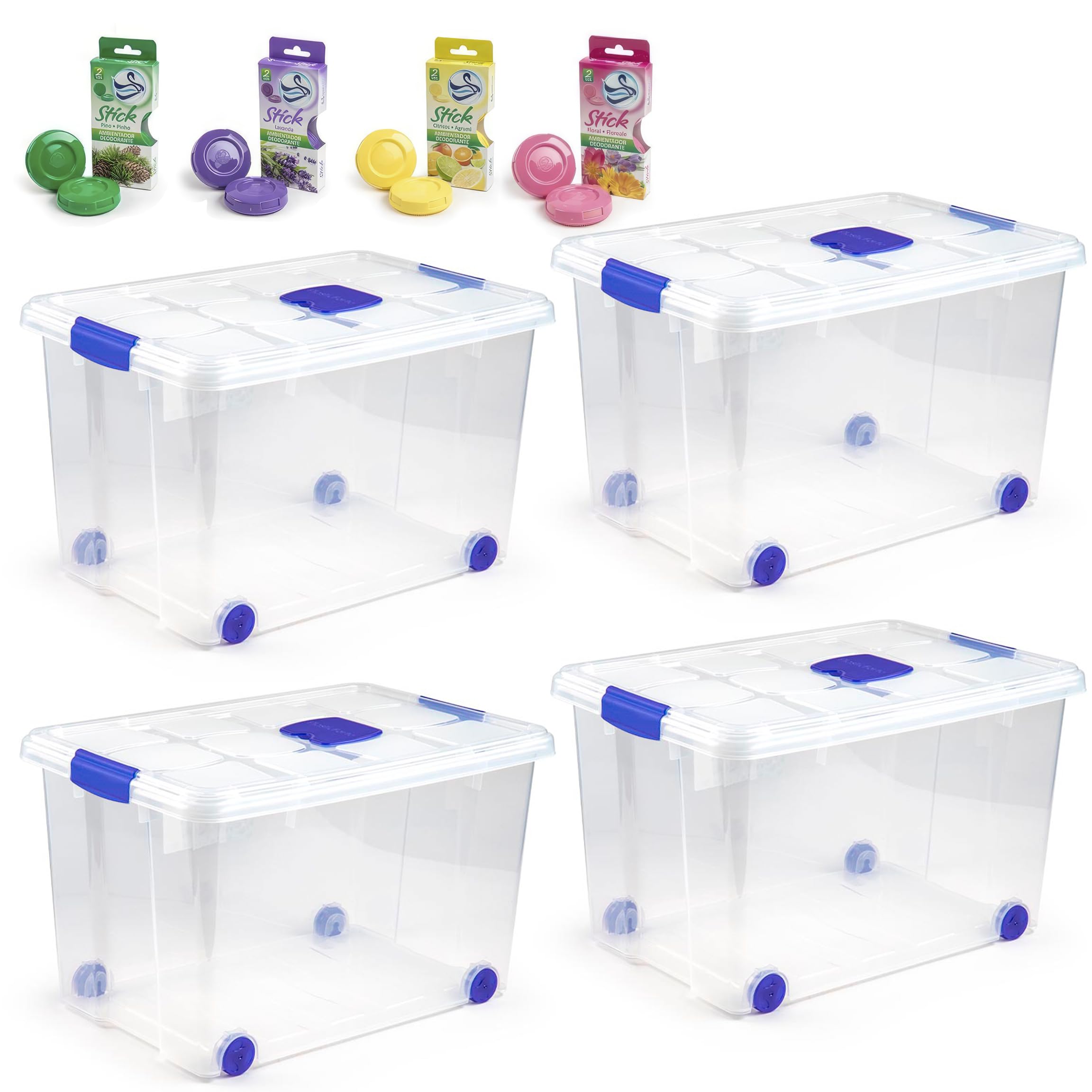 ForenTex Pack 4 cajas almacenaje plastico con tapa y cierre, cajas almacenaje con compartimento para antipolillas o ambientador (ambientador incluye) (n4-55L)