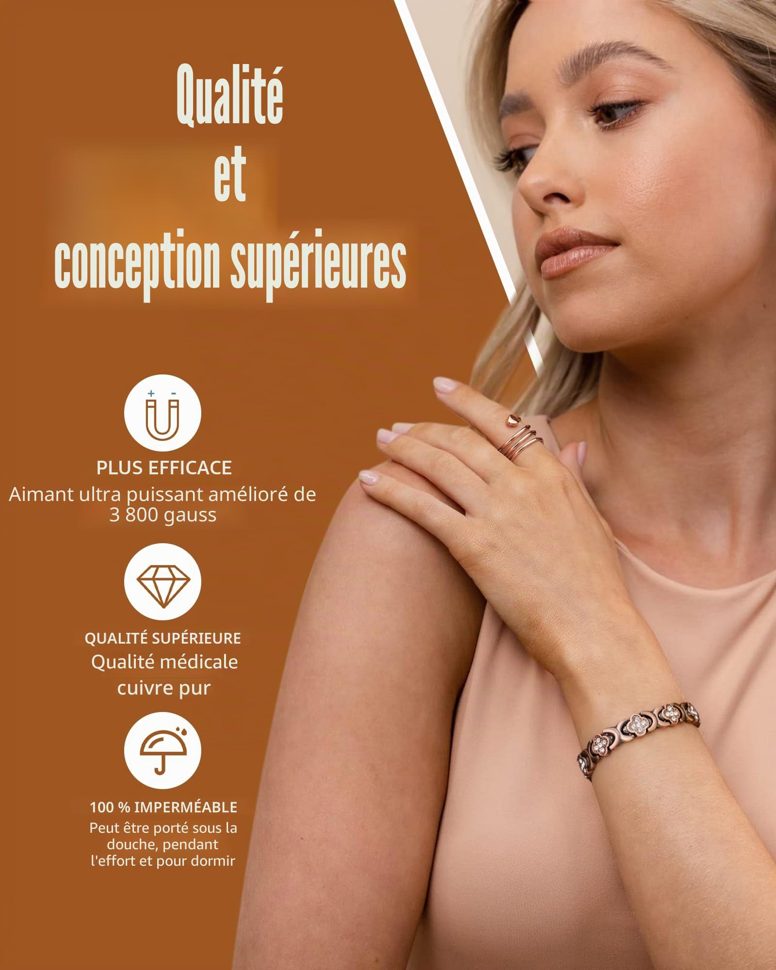 Jecanori Bracelet magnétique en cuivre pur à 99,99 % pour femme, bracelet en cuivre ultra résistant avec boîte cadeau et outil de retrait