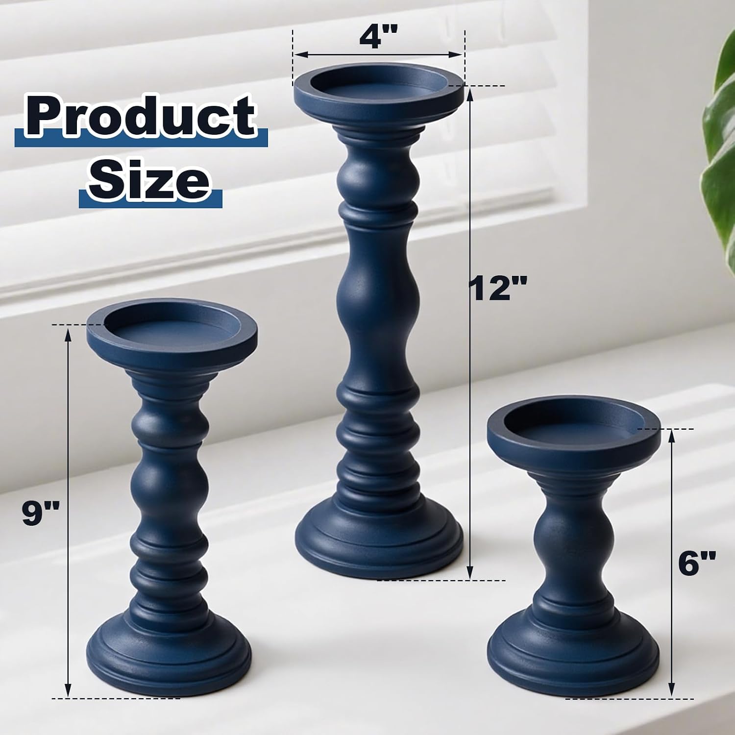 Set of 3 Wood Pillar Candle Holder Farmhouse Decor, Navy Blue